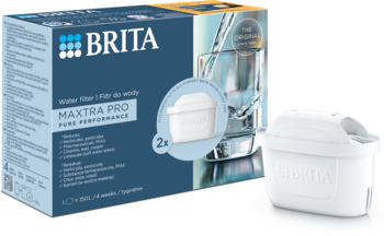 BRITA MAXTRA PRO Pure Performance, zestaw 2 filtrów wody w opakowaniu i pojedynczy wkład obok.