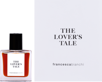 Ekstrakt perfum Francesca Bianchi The Lover’s Tale w bursztynowej butelce i białym pudełku z napisem.