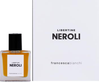 Francesca Bianchi Libertine Neroli ekstrakt perfum w bursztynowym flakonie i białym pudełku, widok z przodu.