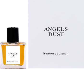 Flakon perfum Angel’s Dust Franceski Bianchi, bursztynowy, z czarną nakrętką i białym pudełkiem z szarym tekstem.