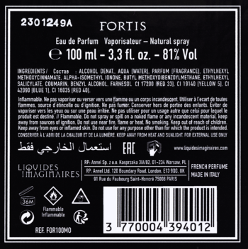 Tył czarnego opakowania Liquides Imaginaires Fortis Eau de Parfum 100ml, z białymi napisami i kodem kreskowym.