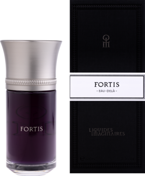 Woda perfumowana Liquides Imaginaires Fortis: ciemnofioletowa butelka z grawerem i srebrną nakrętką, obok eleganckie czarne pudełko.