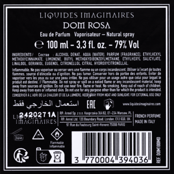 Tył czarnej butelki Liquides Imaginaires Dom Rosa Eau de Parfum 100ml z etykietą, widoczne składniki i kod kreskowy.