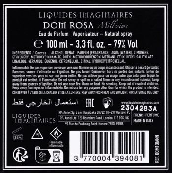 Tył opakowania perfum Liquides Imaginaires Dom Rosa Millesime Eau de Parfum 100ml, czarna etykieta z białym tekstem i kodem kreskowym.