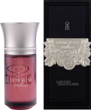 Liquides Imaginaires Dom Rosa Millésimé, woda perfumowana: różowa butelka ze srebrnym korkiem, obok czarne pudełko.