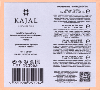Tył różowej etykiety perfum Kajal IV EDP, widoczne listy składników, kod partii i kreskowy.