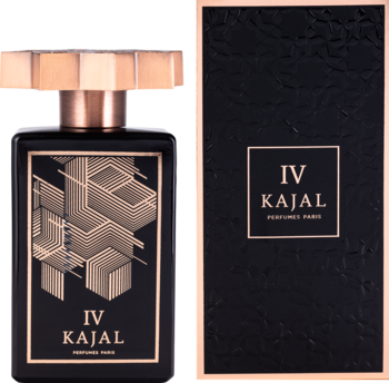 Perfumy Kajal IV, elegancka czarna butelka ze złotym wzorem i miedzianą nakrętką, obok pasujące pudełko. Widok z przodu.