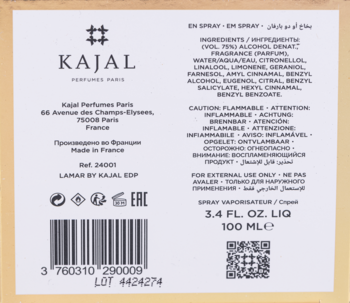 Tył opakowania perfum Kajal Lamar EDP, z listą składników, informacją o pojemności 100 ml i kodem.