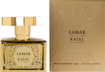 Kajal Lamar Eau de Parfum w złotej butelce z bogatymi zdobieniami oraz pasujące złote opakowanie, widok z przodu.