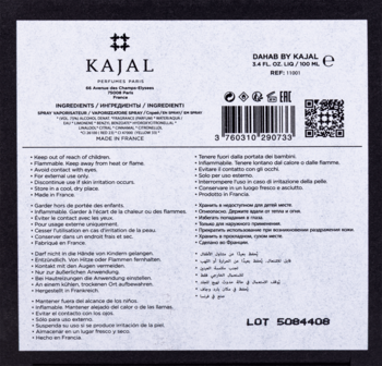 Tył etykiety perfum Kajal Dahab 100ml z informacjami o składnikach, ostrzeżeniami i numerem partii.