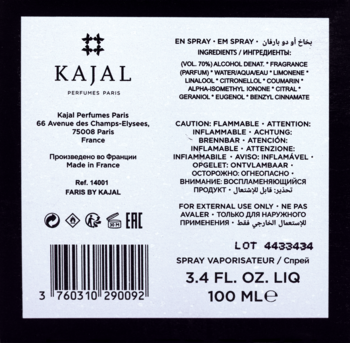 Tył opakowania perfum Kajal Faris EDP 100ml. Biała etykieta z czarnym tekstem, składnikami, ostrzeżeniami i kodem EAN.