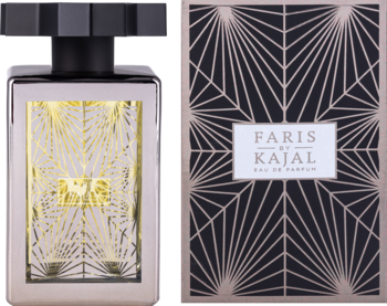 Kajal Faris perfumy, butelka z metalową ramą i złotym wzorem, obok czarno-złote pudełko art deco.