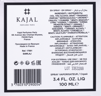 Tył opakowania perfum Kajal Sawlaj, 100ml. Biała etykieta z listą składników, ostrzeżeniem o łatwopalności i kodem.