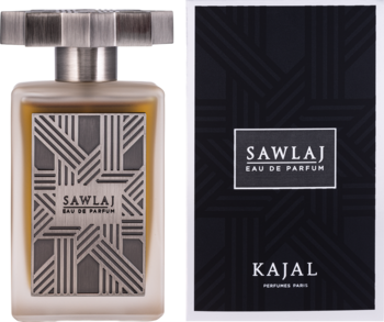 Kajal Sawlaj Eau de Parfum: matowa butelka i czarne pudełko z geometrycznym wzorem, widok z przodu.