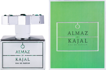 Woda perfumowana Kajal Almaz unisex. Biała butelka z geometrycznym korkiem i zielone pudełko, widok z przodu.