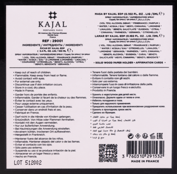Tył czarnego opakowania Kajal Äican EDP 100ml, widoczna lista składników, ostrzeżenia i kod kreskowy.