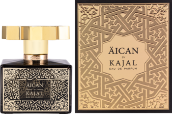 Kajal Äican woda perfumowana owocowo-orientalna. Ciemna butelka i złote pudełko z arabskim wzorem.
