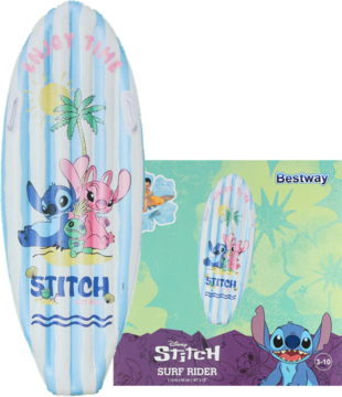 Bestway dmuchany 'Stitch Surf Rider', biało-niebieski z postaciami Disneya Stitch i Angel, widok z przodu.