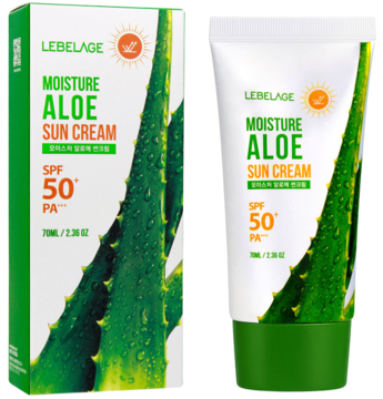 LEBELAGE Moisture Aloe Sun Cream SPF 50, biało-zielona tubka i pudełko z liściem aloesu, widok z przodu.