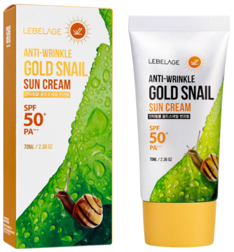 Krem LEBELAGE Gold Snail Sun Cream SPF 50+ PA+++ w pomarańczowo-zielonym opakowaniu i tubce, widok z przodu.