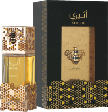 Atheeri by Lattafa, orientalny zapach. Złoty perfum w szklanym flakonie, czarne pudełko z motywem pszczoły i plastra miodu.