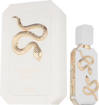 Flakon perfum Veneno Bianco i jego pudełko, białe z błyszczącym złotym wężem, ujęcie z przodu.