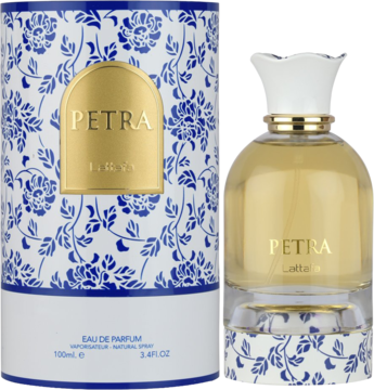 Złoto-biały flakon Petra Lattafa EDP 100ml z niebieskim kwiatowym wzorem obok dopasowanego pudełka. Perfumy unisex.