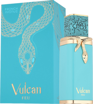 Turkusowy flakon i pudełko perfum French Avenue Vulcan Feu ze złotym wężem i zdobioną zakrętką.