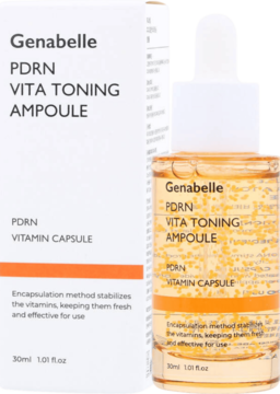 Serum Genabelle PDRN Vita Toning Ampoule w białym pudełku i butelce z pomarańczowym płynem i kapsułkami.