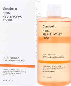 Tonik Genabelle PDRN Rejuvenating 300ml, w białym kartonie i przezroczystej butelce z żółtym płynem, widok z przodu.
