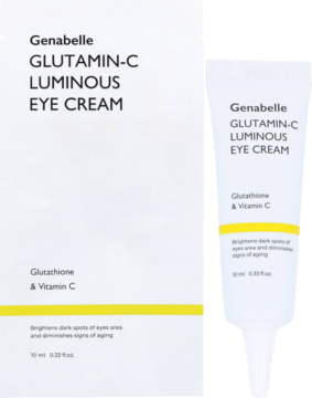 Genabelle Glutamin-C Luminous Eye Cream, rozświetlający, w białej tubce i pudełku, z glutationem i witaminą C.