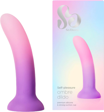 Różowo-fioletowe dildo ombre z silikonu, zakrzywione, obok pastelowego pudełka So Divine. Z przyssawką.