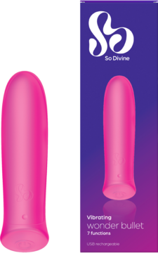 Różowy, silikonowy wibrator So Divine Wonder Bullet z logo, obok fioletowego opakowania 7 funkcji.