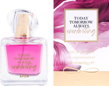 Avon Today Tomorrow Always Everlasting, różowa woda perfumowana w szklanej butelce ze złotą nakrętką, obok karta.