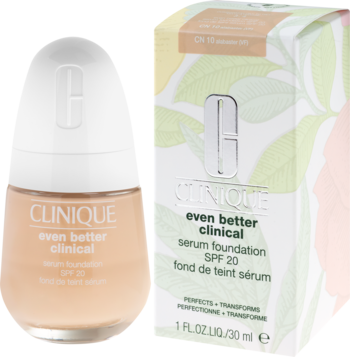 Clinique Even Better Clinical serum foundation SPF 20 w beżowej butelce z pompką i białym pudełku z liśćmi.