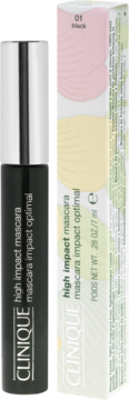 Clinique High Impact Mascara w czarnej tubce z srebrną nakrętką obok opakowania z kwiatowym wzorem, widok z przodu.