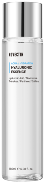 Rovectin Hyaluronic Essence 180ml, nawilżająca esencja z kwasem hialuronowym w przezroczystej butelce, widok z przodu.