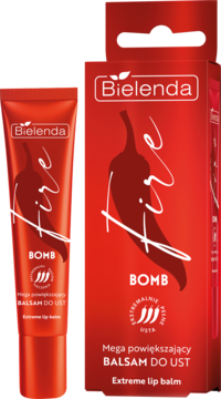 Czerwony balsam Bielenda Fire Bomb, mega powiększający usta, w tubce przed pudełkiem. Widoczna grafika chili.