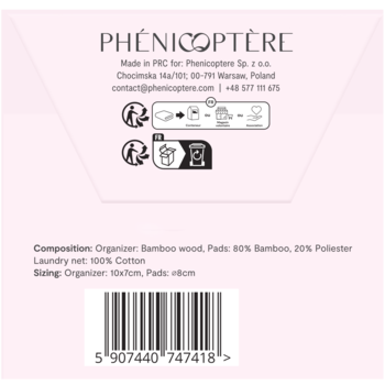 Tył różowego opakowania zestawu PHÉNICOPTÈRE z bambusowymi padami. Widoczne skład, wymiary i kod kreskowy.