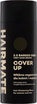 Hairmate Cover Up Very Dark Brown Hair Thickening Fibers w czarnej butelce, widok z przodu, z jasnymi napisami.