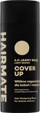 Czarna butelka HAIRMATE COVER UP z włóknami zagęszczającymi do włosów, odcień jasny brąz, widok z przodu.