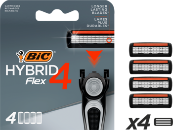 BIC Hybrid Flex 4, zestaw z rączką i 4 wymiennymi wkładami o dłuższej żywotności, w szarym opakowaniu.