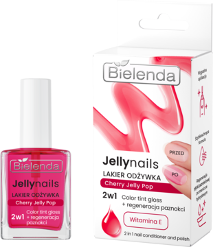 Różowy lakier Bielenda Jellynails Cherry Jelly Pop 2w1 odżywka z Witaminą E; obok stoi jego pudełko.