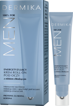 DERMIKA 100% FOR MEN krem roll-on pod oczy z chłodzącym efektem, niebieska tubka obok kartonowego pudełka.