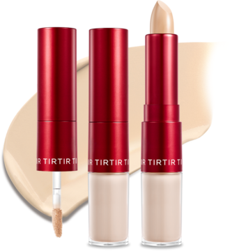 Trzy dwustronne korektory TIRTIR Glide & Hide Blurring Concealer: płynny z aplikatorem i sztyft, beżowe z czerwonymi nakrętkami.