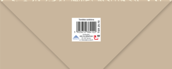 Luksusowa duża torebka prezentowa, beżowa, z kodem kreskowym i logo certyfikacji, widok z przodu.