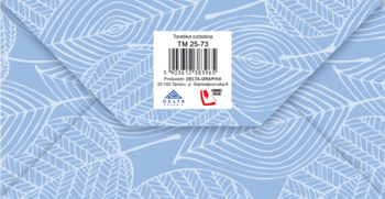 Tył luksusowej torebki prezentowej na kosmetyki, błękitnej w białe liście, z etykietą producenta i kodem kreskowym.