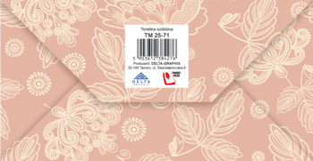 Tył Torebki Prezentowej luksusowej. Pudrowy róż z białym florystycznym wzorem, widoczna etykieta z kodem.