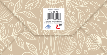 Tył luksusowej torebki prezentowej z beżowym tłem i białym kwiatowym wzorem, widoczna naklejka z kodem kreskowym.