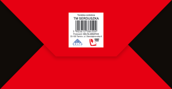 Tył luksusowej czerwono-czarnej torebki prezentowej z kodem kreskowym i etykietą producenta, idealnej na walentynki.